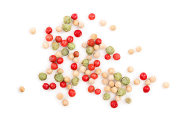 Mixed of peppercorn red white and green pepper isolated on white background. Top view
