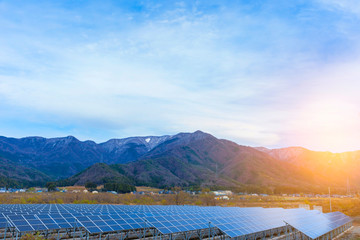 Obraz premium Solar panels (solar cell) in solar farm with blue sky and sun lighting. - Image