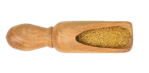 Mixed spices on wooden scoop isolated on white background. Top view. Flat lay