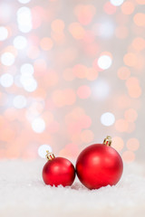 Christmas decorations on snow. Christmas holidays background with copy space for your text