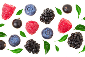 blackberry blueberry raspberry black currant isolated on white background. Top view. Flat lay pattern