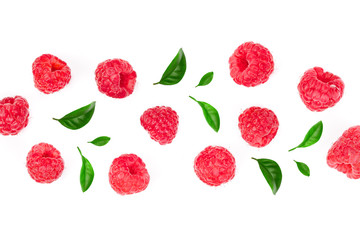 raspberries with leaves isolated on white background with copy space for your text. Top view. Flat lay pattern