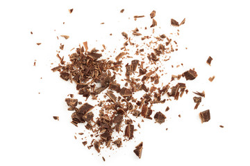 grated chocolate isolated on white background. Top view