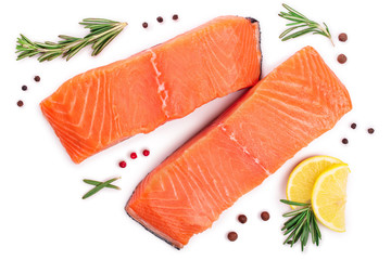fillet of red fish salmon with lemon and rosemary isolated on white background. Top view. Flat lay
