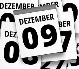 Abreißkalender blatt vom 09. DEZEMBER und abgerissene Kalenderblätter im Hintergrund