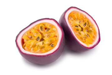 half of passion fruits isolated on white background. Isolated maracuya