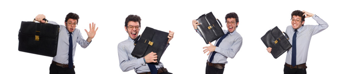 Young employee with briefcase isolated on white