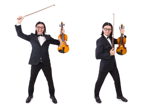 Funny man with music instrument on white