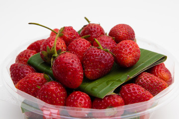 Fresh Red Strawberries on white plate on white background