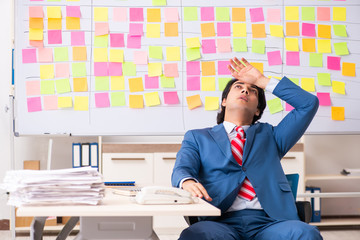 Young handsome employee with many conflicting priorities 
