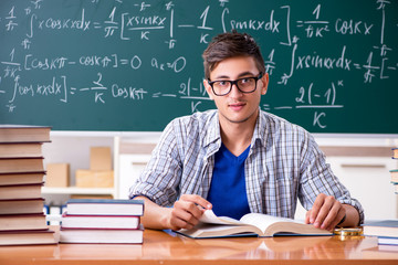 Young male student studying math at school