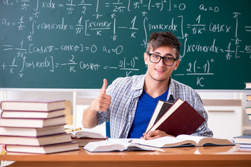 Young male student studying math at school