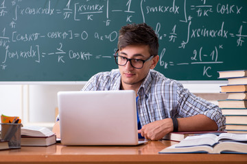 Young male student studying math at school