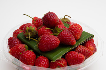 Fresh Red Strawberries on white plate on white background