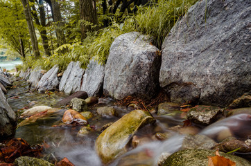 Naklejka na ściany i meble Long exposure photograph taken of a small flowing creek in Nami Island, South Korea. Photograph taken during the end of the summer season.