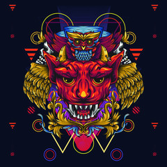 Golden winged devils and death owls. Illustration that depicts a horned and fanged devil's head and above it is an owl. With floral and sacred geometry