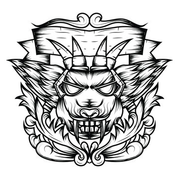 Line art of Devil's Head Sacred Geometry Ornamental is an Illustration of a devil's head with sharp fangs and wings