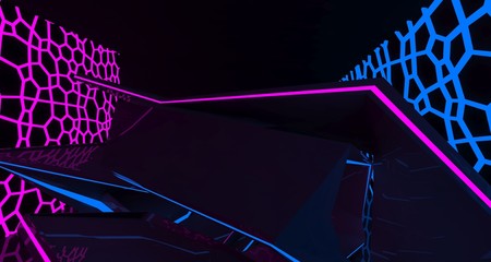Abstract  Concrete Futuristic Sci-Fi interior With Pink And Blue Glowing Neon Tubes . 3D illustration and rendering.