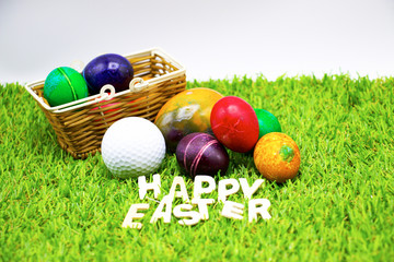 Golf Easter with colourful eggs are on green grass