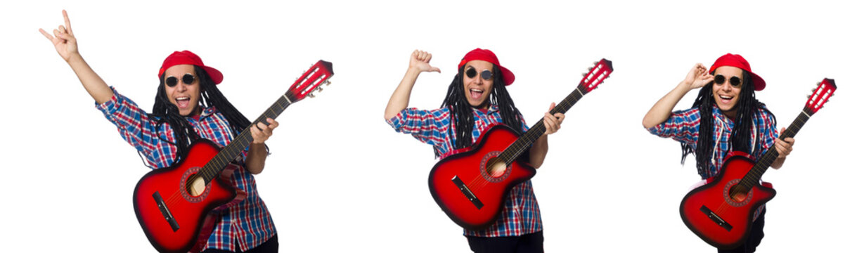 Man with dreadlocks holding guitar isolated on white