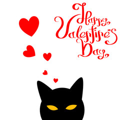 Valentine's Day Poster of Holiday Card with Cat, Hearts and Lettering Text. Vector Illustration.
