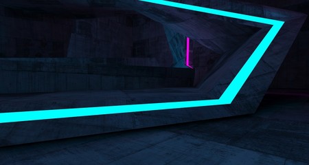 Abstract  Concrete Futuristic Sci-Fi interior With Pink And Blue Glowing Neon Tubes . 3D illustration and rendering.