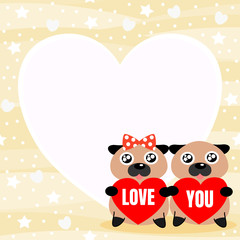 Cute couple pug hold word 'LOVE YOU' background.