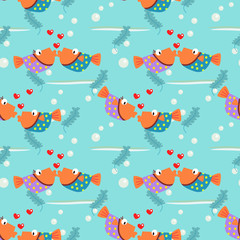 Colorful couple fish is kissing seamless pattern.