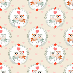 Cute couple owl seamless pattern.