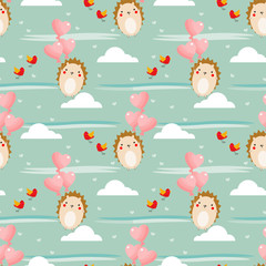 Cute hedgehog and heart balloon seamless pattern.