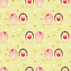 Cute couple hedgehog in Valentine seamless pattern.