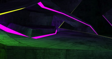 Abstract  Concrete Futuristic Sci-Fi interior With Pink And Yellow Glowing Neon Tubes . 3D illustration and rendering.