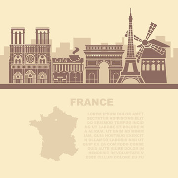 Template leaflets with a map of France and architectural landmarks of Paris