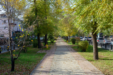 Autumn, pedestrian alley (sidewalk) with benches, in the city, not far from the road. Russia