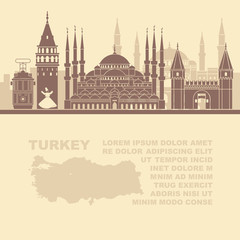 Template leaflets with a map of Turkey and landmarks of Istambul