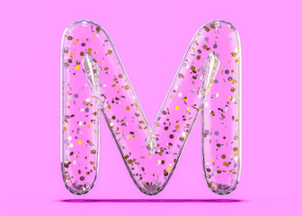 Letter M. Alphabet from transparent foil balloons. 3D