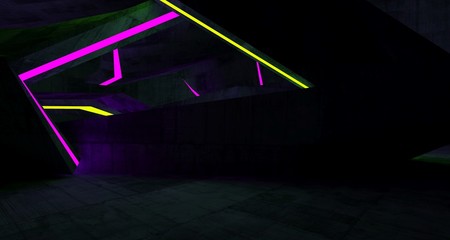 Abstract  Concrete Futuristic Sci-Fi interior With Pink And Yellow Glowing Neon Tubes . 3D illustration and rendering.