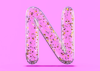 Letter N. Alphabet from transparent foil balloons. 3D