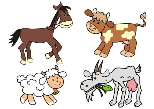 Group of farm animals, horse, cow, sheep and goat, funny cute vector illustration