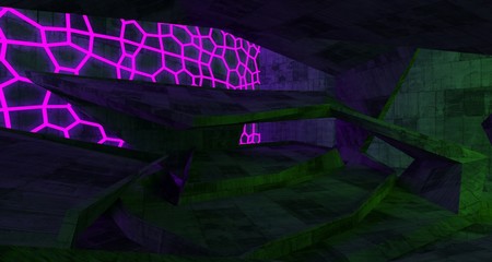 Abstract  Concrete Futuristic Sci-Fi interior With Pink And Green Glowing Neon Tubes . 3D illustration and rendering.