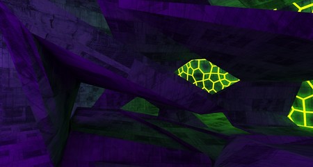 Abstract  Concrete Futuristic Sci-Fi interior With Pink And Green Glowing Neon Tubes . 3D illustration and rendering.