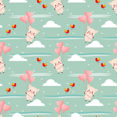 Cute pig and heart-shaped balloon seamless pattern.