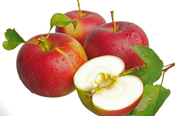 Red apples with leaves. Isolated on white