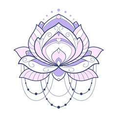 Pink lotus flower geometrical vector illustration is isolated on a white background. Symmetric decorative element with east motives for design