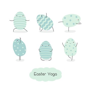 Set of Easter eggs in kawaii style . Easter yoga. Stripes, waves