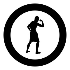 Bodybuilder showing biceps muscles Bodybuilding sport concept silhouette side view icon black color illustration in circle round