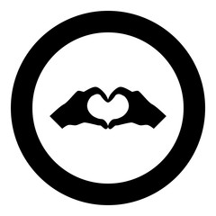 Two hands have shape heart Hands making heart symbol silhouette icon black color illustration in circle round