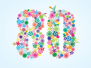 Vector Colorful Floral 80 Number Design isolated on white background. Floral Number Eighty Vector Typeface.
