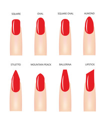 Nail shapes with red nail polish, vector 