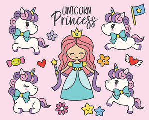 Cute little princess and unicorns vector illustration set.